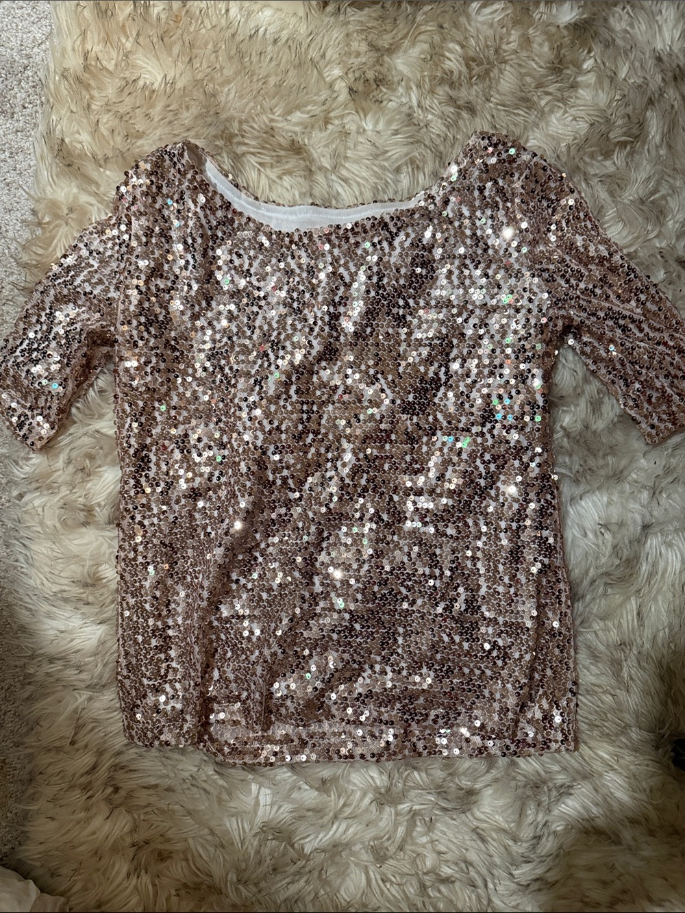 Sequin Short Sleeve Scoop Neck Top - Rose Gold